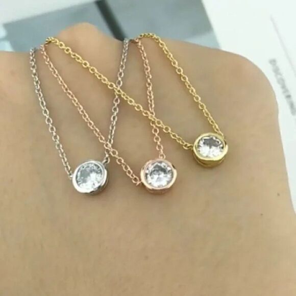 Beautiful Minimalist 1 Carat Round CZ Layering Necklace Rose Gold, Silver, Gold - Picture 12 of 13